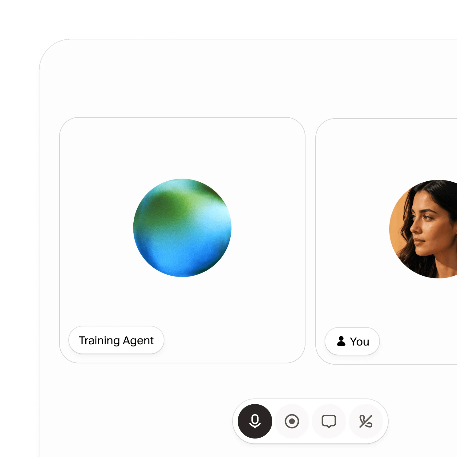 Video call interface with "Training Agent" and user profile icons.