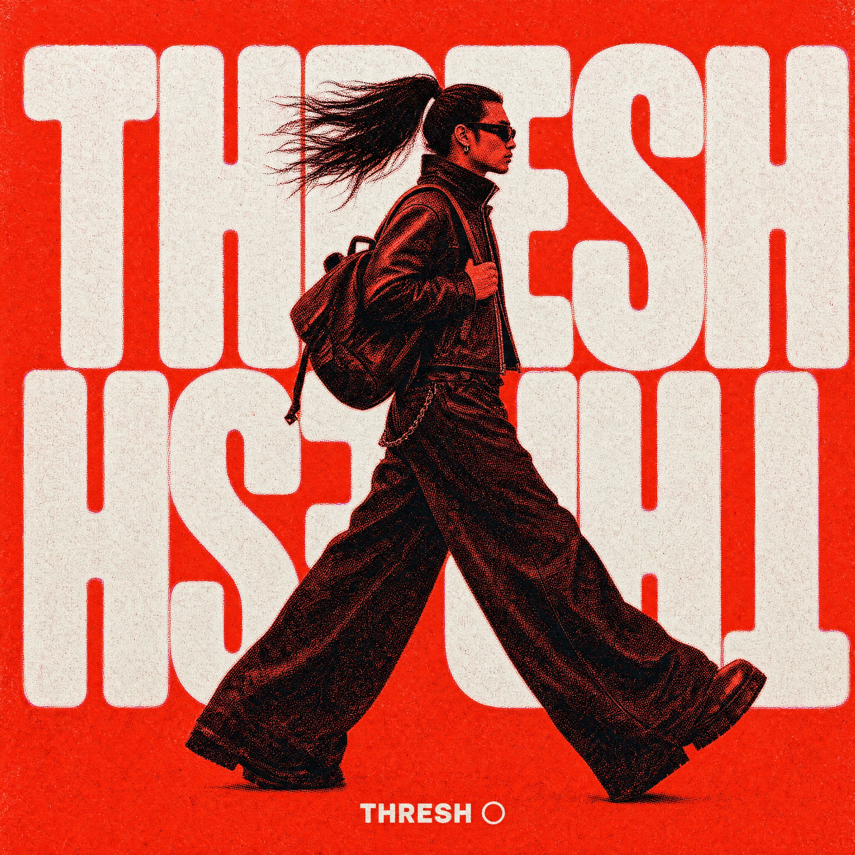 Red risograph-style poster of a walking man with THRESH typography