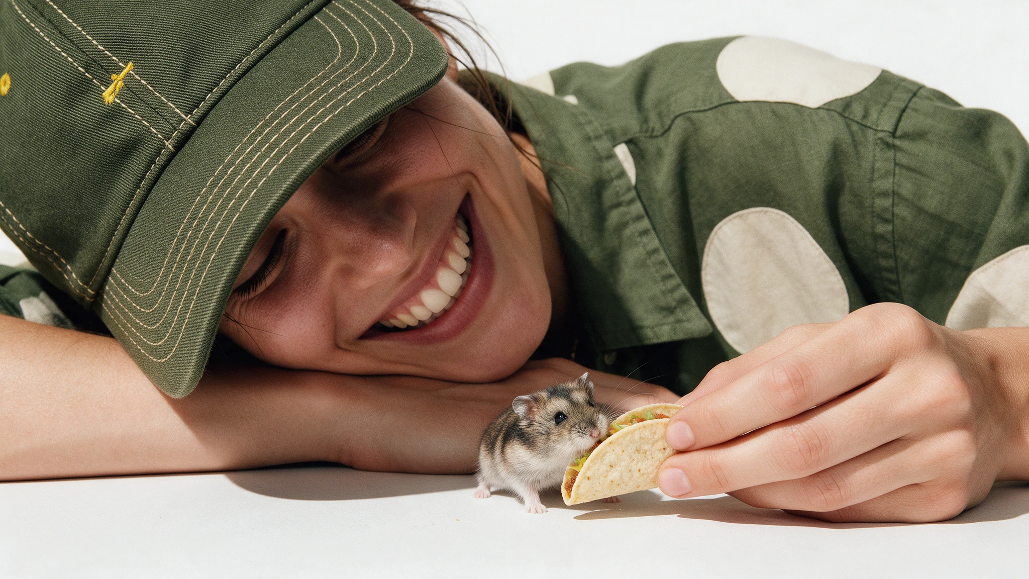 Smiling person offers a taco to a curious hamster.
