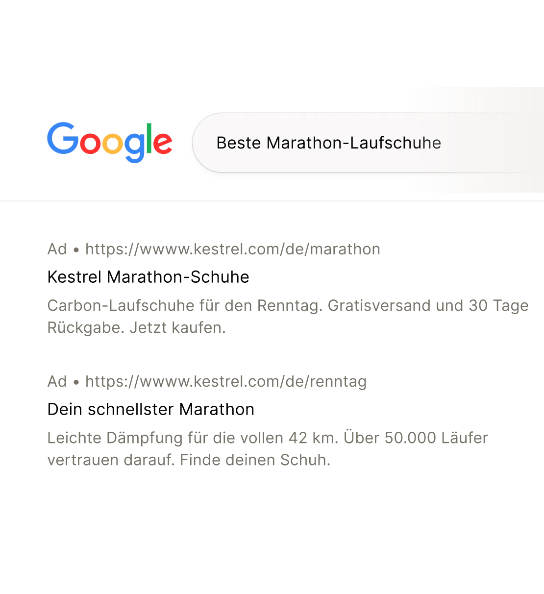 Google search results for marathon running shoes ads in German.