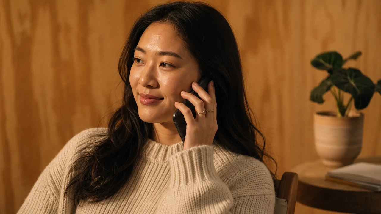 Woman in a cozy sweater smiling while talking on the phone, with a plant in the background.