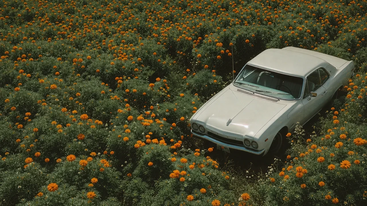 Vintage cream car in a field of orange marigolds, created with the ElevenLabs AI image generator.