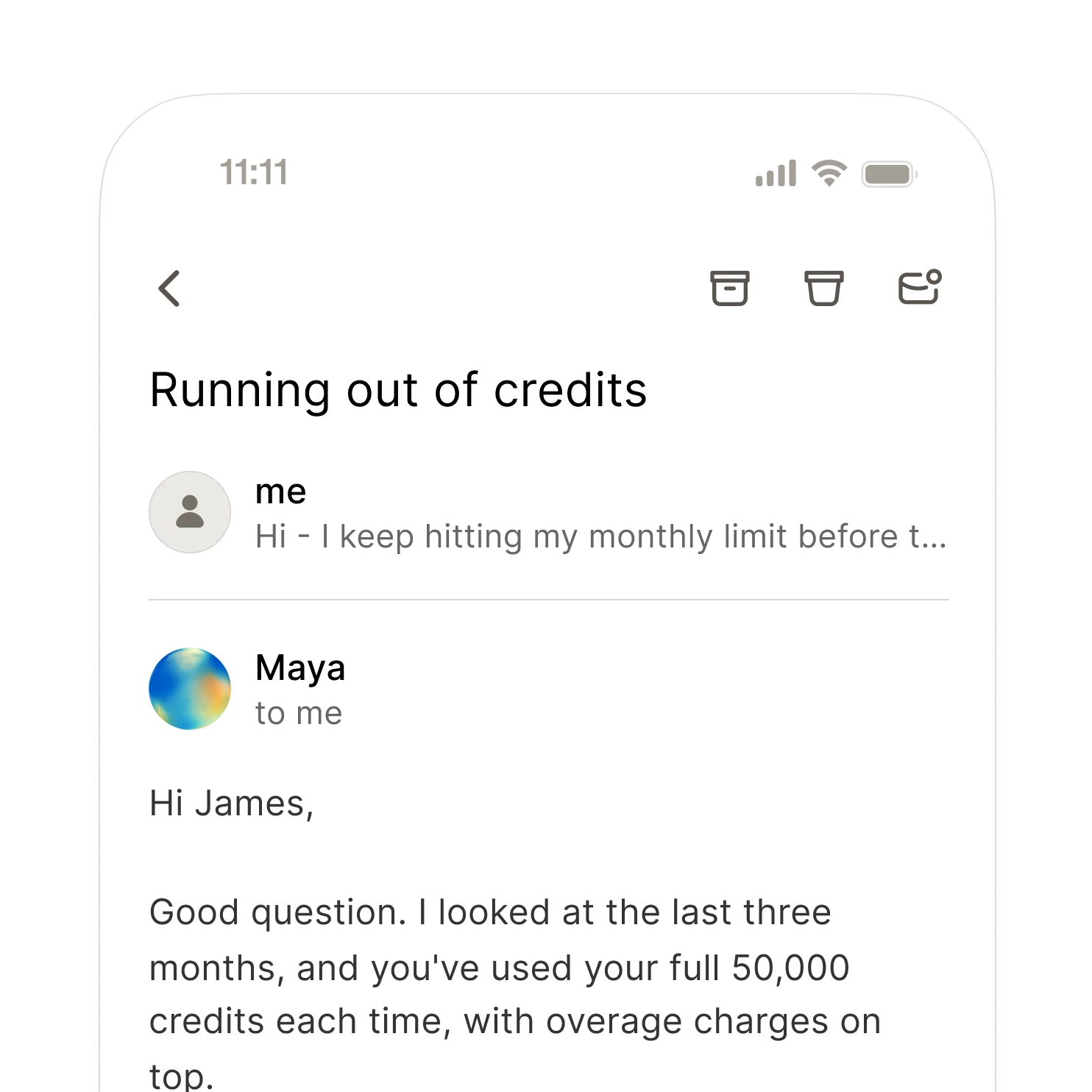 Email thread about user exceeding monthly credit limit of 50,000 with additional charges.