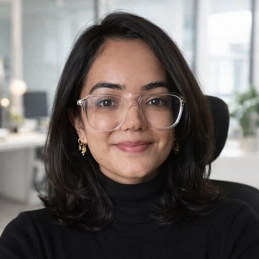 Smiling woman wearing glasses and a black turtleneck in an office.