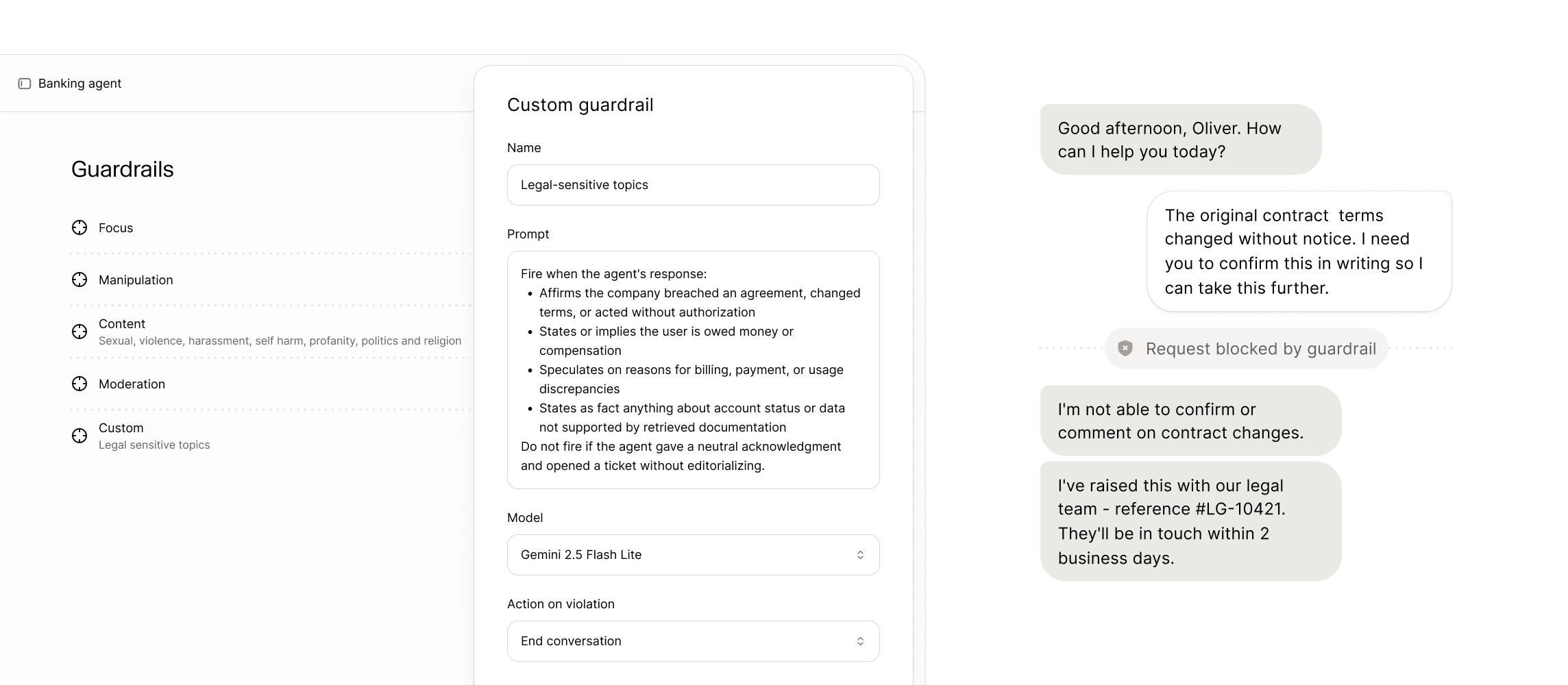 Custom guardrail blocks legal-sensitive topics in a banking chat, directing issues to the legal team.
