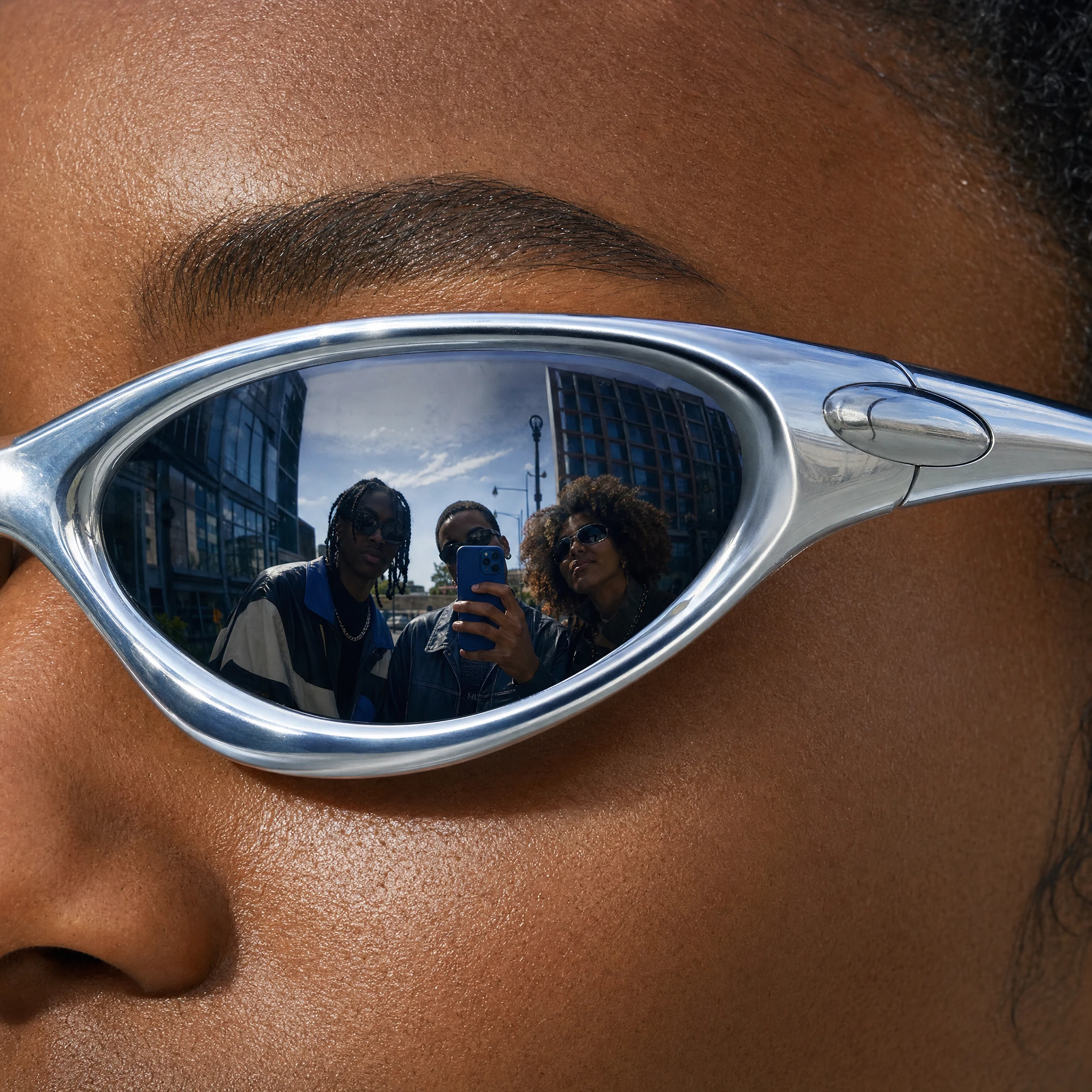 Three friends take a selfie reflected in a chrome eye-shaped mirror beside an eyebrow.