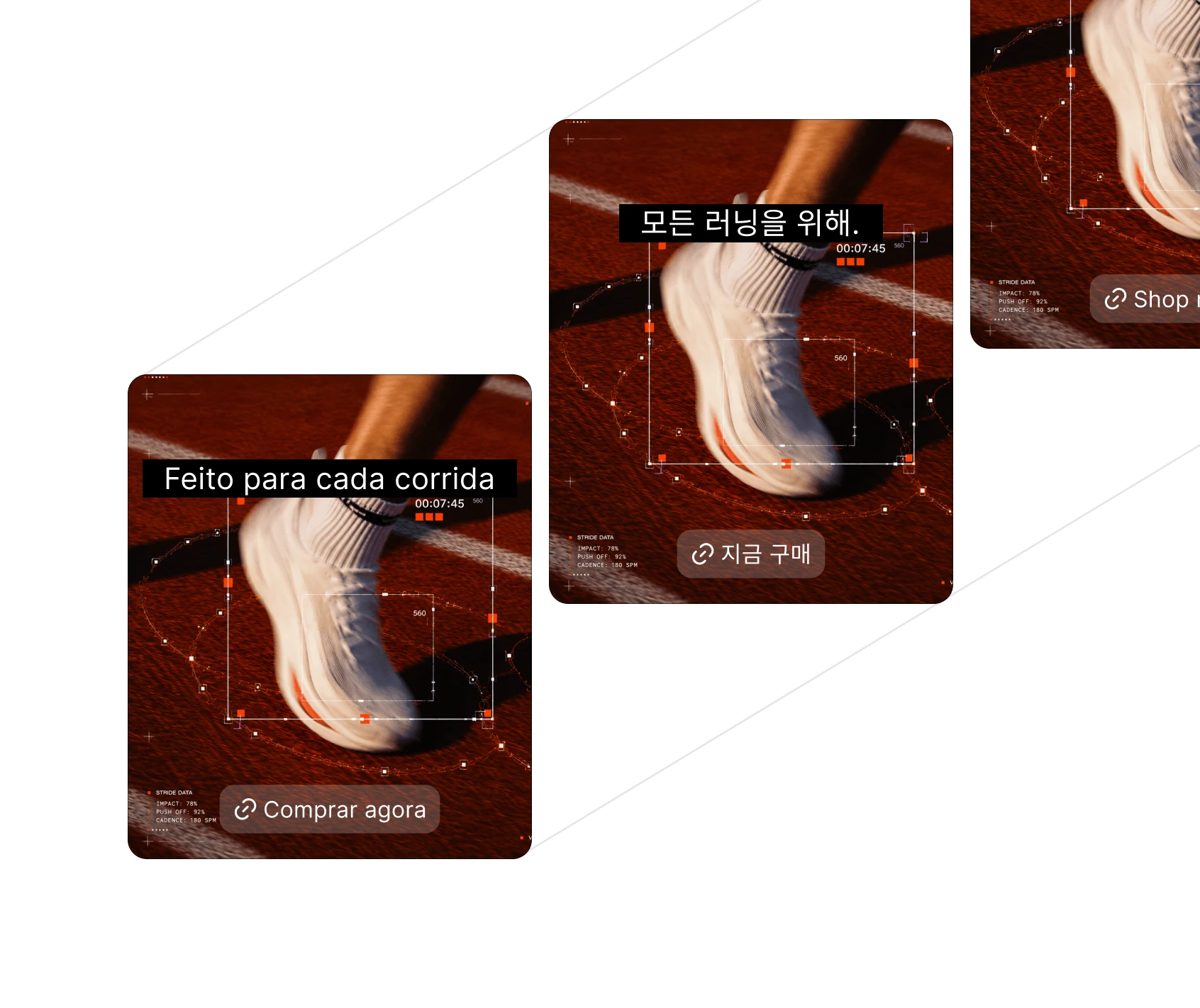 Three running shoe ads in Portuguese, Korean, and English with "Buy Now" buttons.