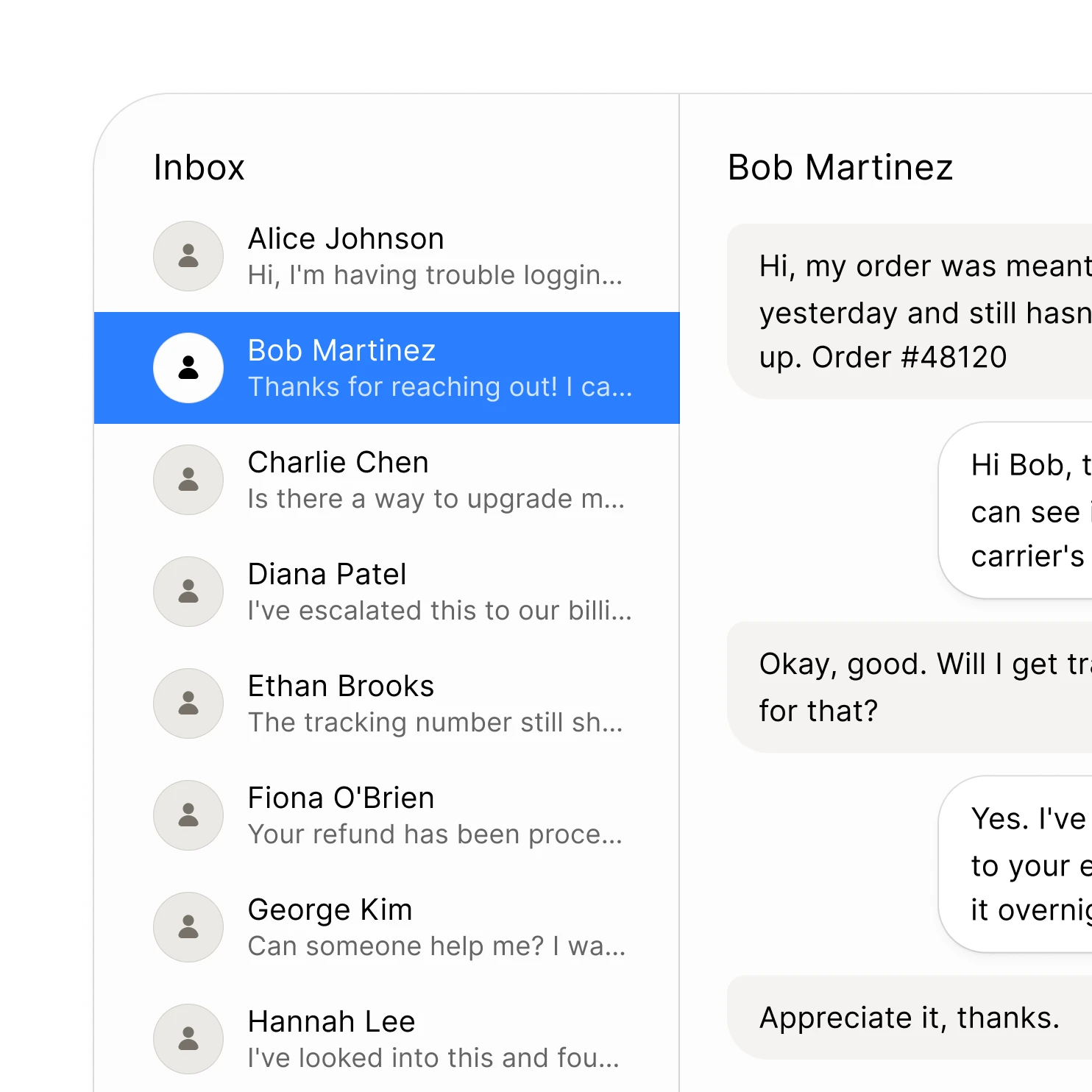 Email interface showing a conversation with Bob Martinez about a delayed order.