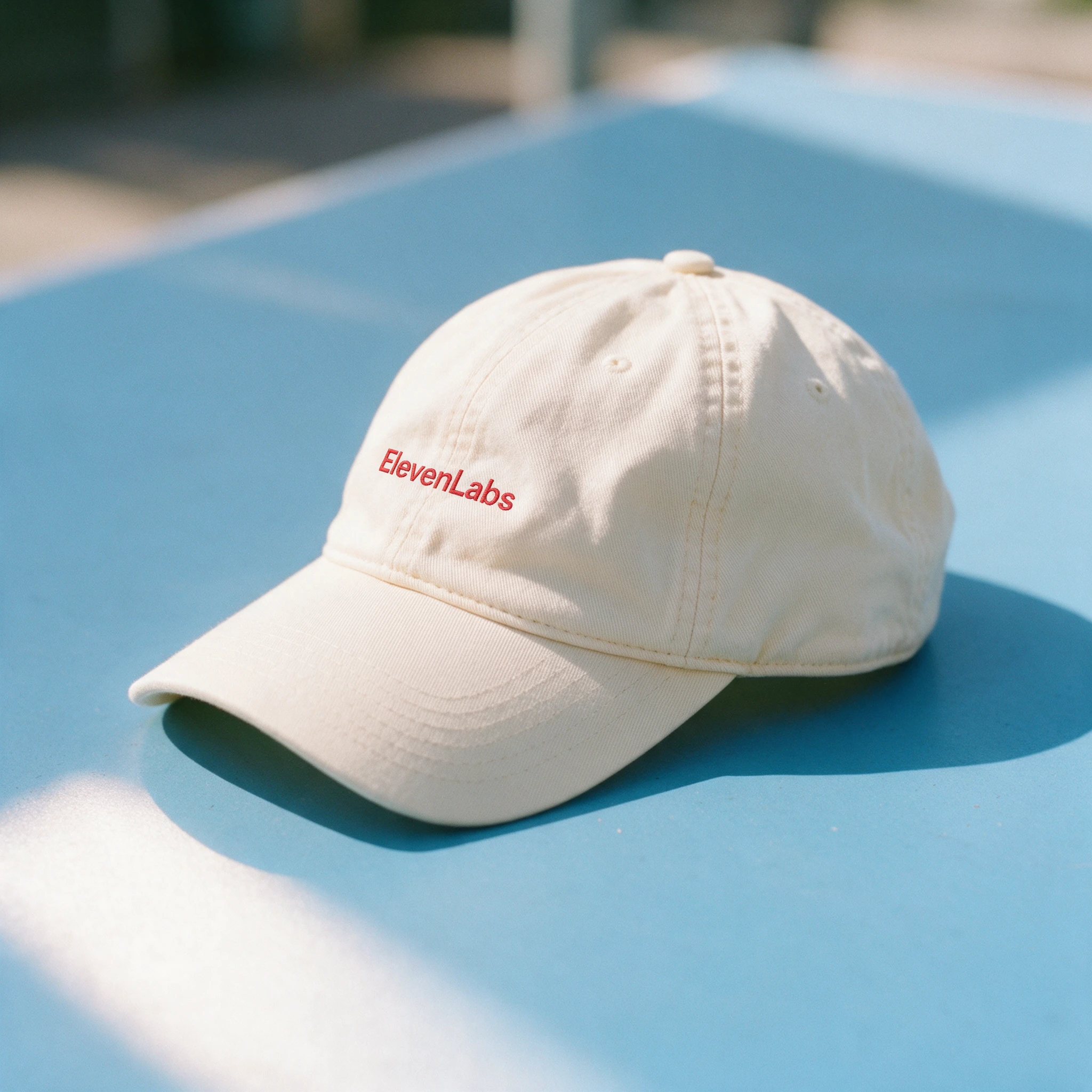 White baseball cap embroidered with the red ElevenLabs logo on a blue surface.