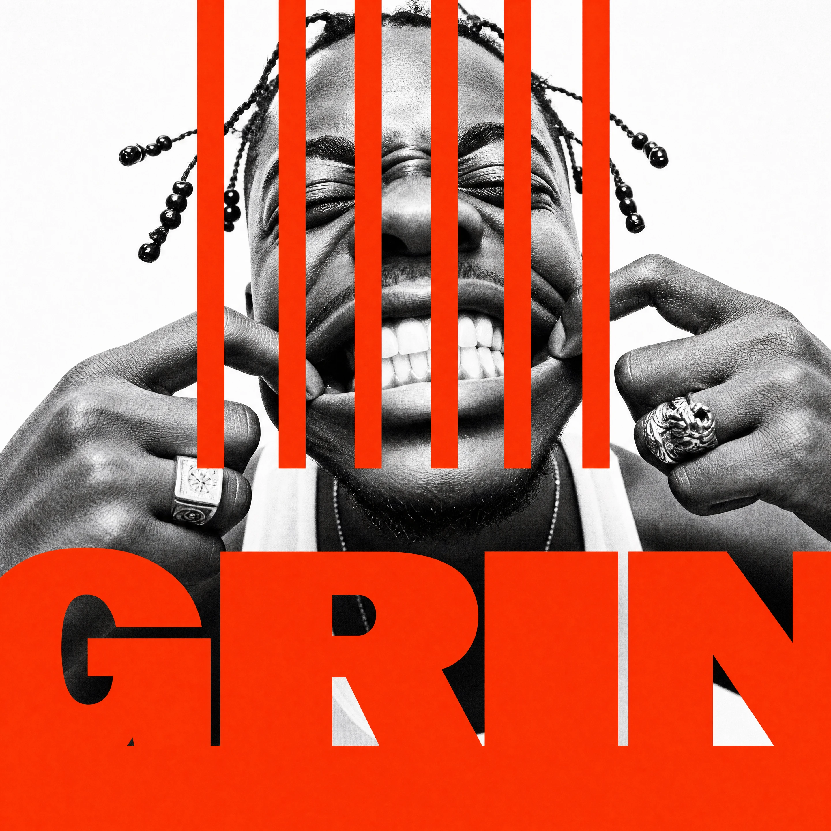 Black-and-white portrait overlaid with orange bars and GRIN typography