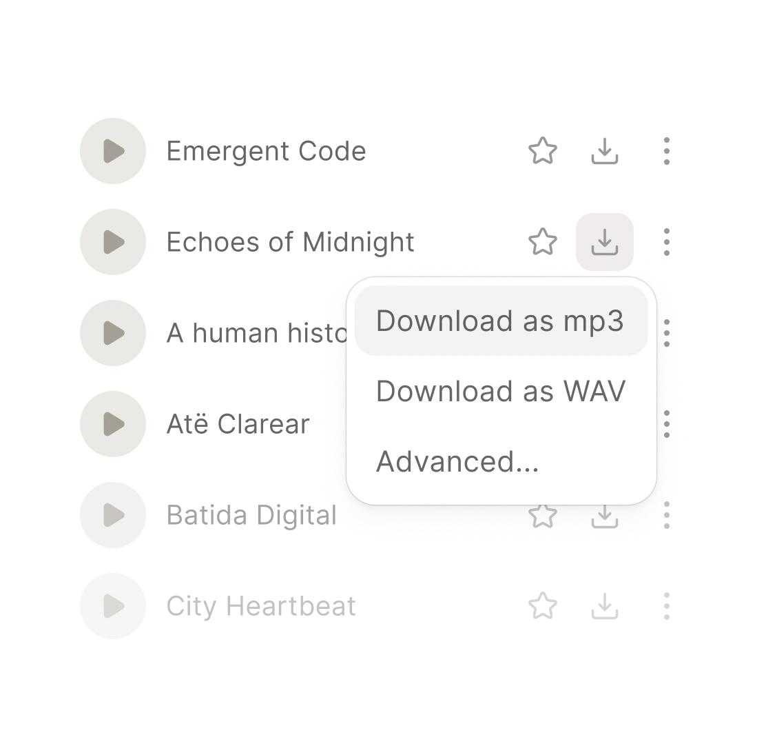 Audio download options for a playlist, with formats MP3 and WAV.