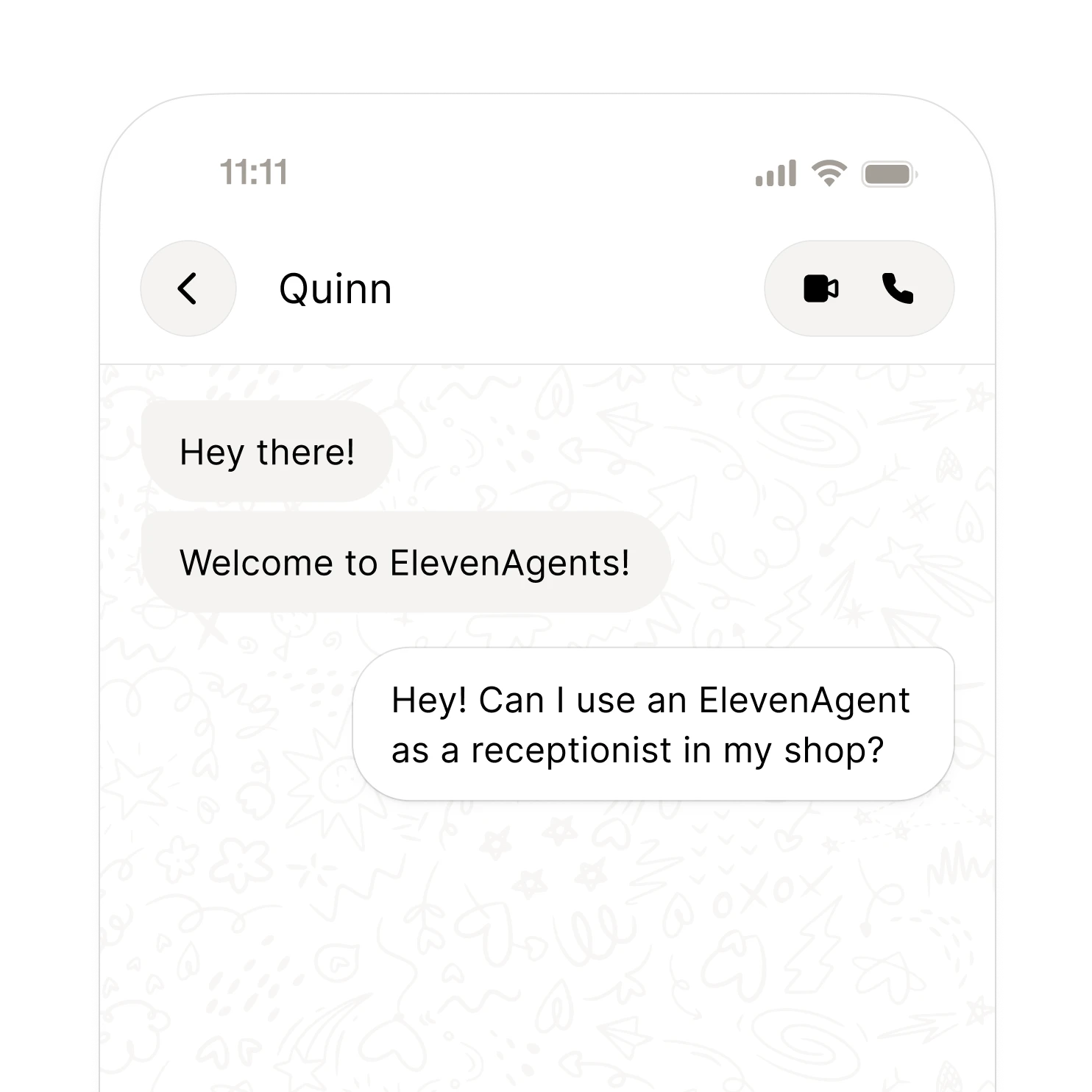 Chat interface showing a conversation with ElevenAgents support about using an agent as a receptionist.