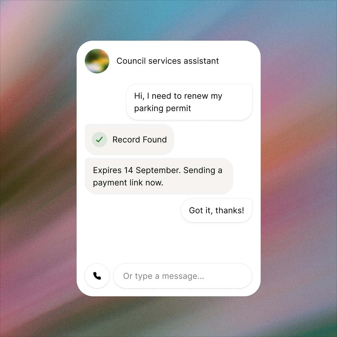 Council chat confirms a parking permit record and sends a payment link; it expires 14 September.