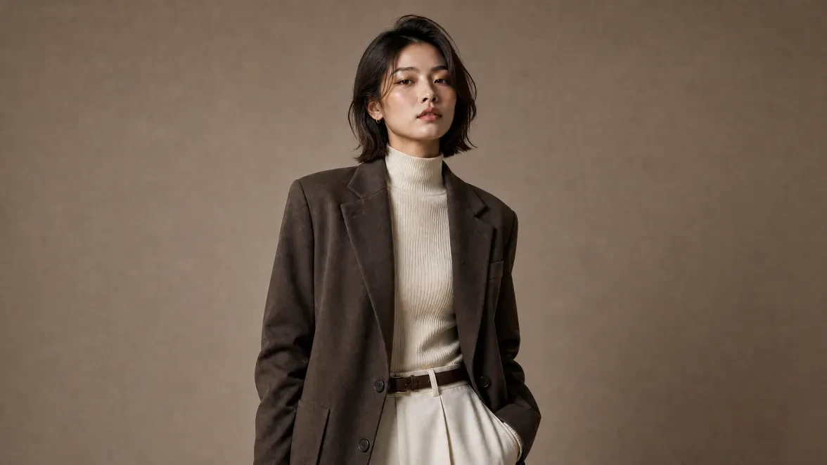 A woman in an oversized brown blazer and cream turtleneck in a warm studio portrait