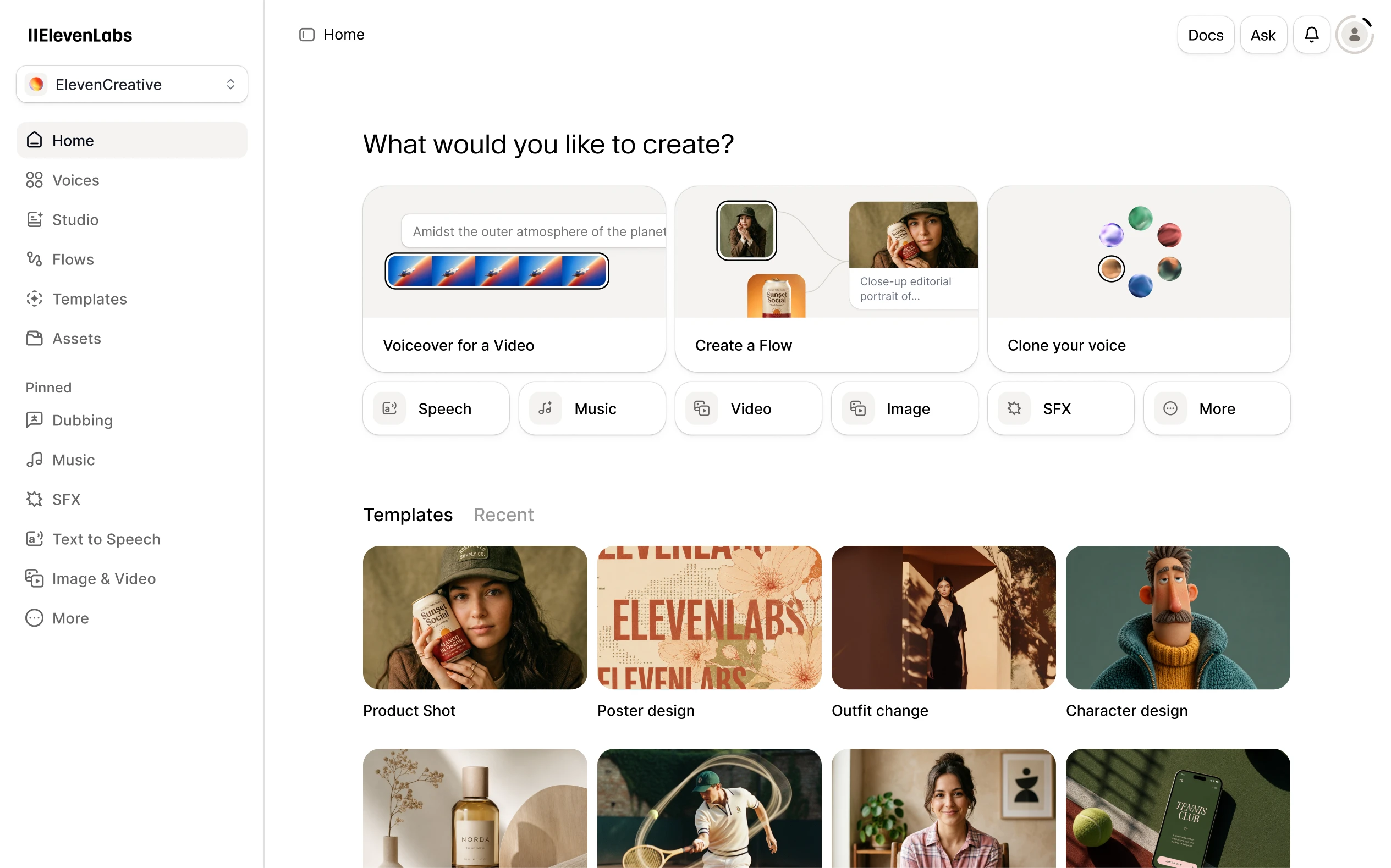 ElevenCreative app interface showing options for voiceover, flow creation, and voice cloning.